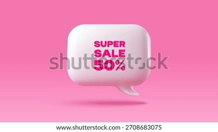 Glossy 3D style discount speech bubble. Special offer symbol. Message box for review and chat UI. Banner, website header, social post, event promotion concept. Vector illustration.