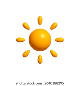 Glossy 3D Sun Icon with Smooth Orange Rays on White Background. Ideal for Summer Themes, Weather Interfaces, and Bright Graphic Design Projects. Vector Illustration.