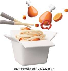 Glossy 3D takeout noodle box vector illustration. Open noodle box with chopsticks, chicken drumsticks, egg slices, pepper ring and cubes as an isolated food element.