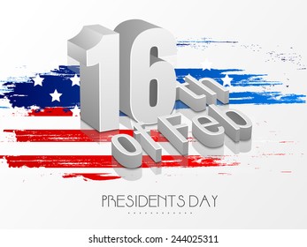 El brillante texto en 3D del 16 de febrero sobre el fondo de la bandera estadounidense para la celebración del Día del Presidente.