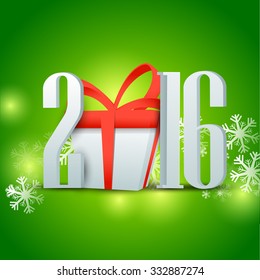 Glossy 3D text 2016 with wrapped gift box on snowflakes decorated shiny green background for Happy New Year celebration.