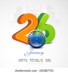 Glossy 3D-Text vom 26. Januar mit Ashoka Wheel für Happy Indian Republic Day Feier auf historischen Denkmälern Hintergrund.