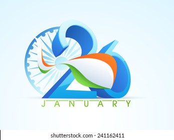 Glossy 3D text 26 January with national flag colors in fish shape and Ashoka Wheel for Indian Republic Day celebration.