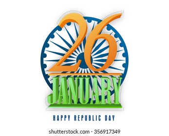 Texto brillante en 3D el 26 de enero sobre la rueda de Ashoka decorado el fondo para la celebración del Día feliz de la República India.