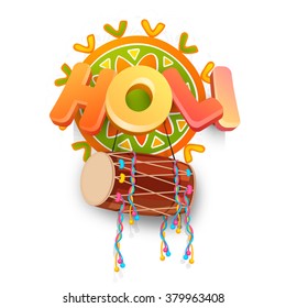 Glossy 3D text Holi with beautiful drum on floral design decorated background for Indian Festival of Colours and Dolyatra celebration.