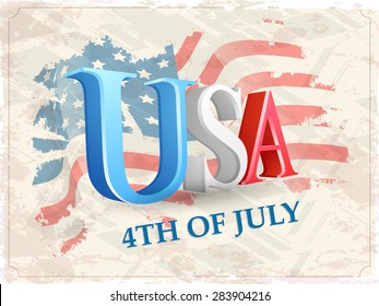 Glossy 3D text USA sobre el fondo vintage de color de la bandera nacional para el 4 de julio, la celebración del Día de la Independencia de Estados Unidos.