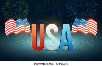 Glossy 3D Text U.S.A with waving American Flags on beautiful fireworks background for 4th of July, Independence Day celebration.