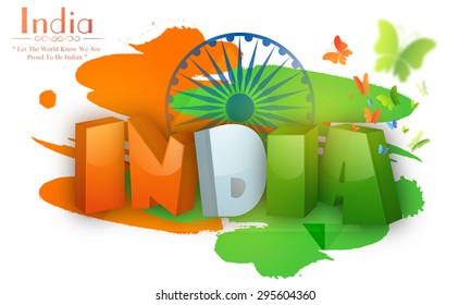 Glossy 3D tricolor text India on Ashoka Wheel and butterflies decorated background for Indian Independence Day celebration.