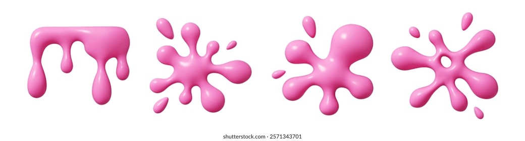 Glossy 3D vector pink fluid elements of different abstract shapes - dripping effect, splashing blob, rounded liquid form, scattered droplet pattern. Dynamic amorphous elements. Glossy slime splat.