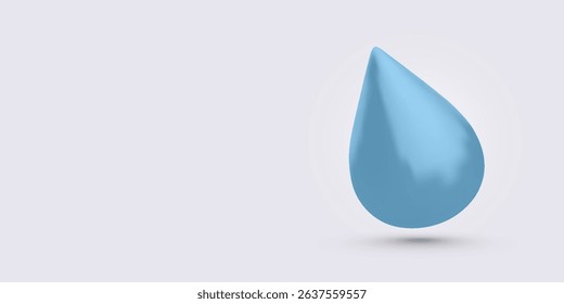 Glossy 3D Water Drop in Smooth Blue Style Floating on Light Background. Ideal for Eco, Hydration, Weather, or Nature-Themed Projects. Vector Illustration.
