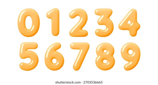 Glossy 3d yellow number set in soft balloon style. Shiny inflated digits with smooth candy texture. Bright yellow shapes and playful 3d number forms perfect for kids, celebration and modern design