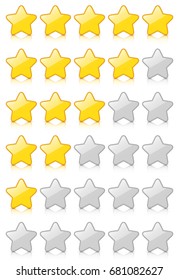 Glossy 5 Star Rating Set with reflection isolated on white background. Vector EPS10