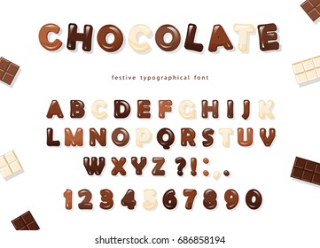 Glossy ABC Letters And Numbers, Made Of Different Kinds Of Chocolate - Dark, Milk And White. Sweet Font Design.