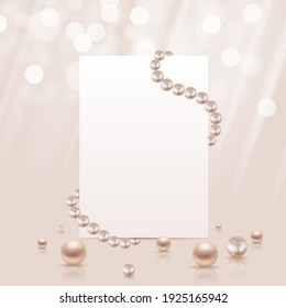 Glossy abstract background with realistic pearls and white paper template. Vector Illustration