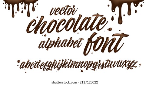 Glossy alphabet made of melted chocolate. Liquid font style isolated on white background. Sweet decorative typography. Celebration and dessert concept for packaging, label, logo. Vector illustration. 