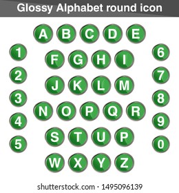 Glossy alphabet round icon with number icon. Green color template design.Icon 3D vector Collection.