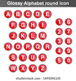 Glossy alphabet round icon with number icon. Red color template design.Icon 3D vector Collection.