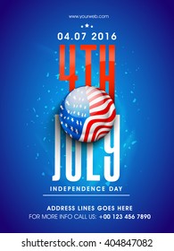 Glossy American National Flag color button with stylish text 4th July on blue background, Pamphlet, Banner or Flyer design for Independence Day celebration.