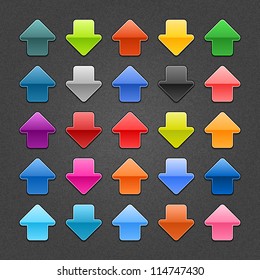 Glossy arrow sign button with drop black shadow. 25 color glass icon for web application. Color variation on dark gray background with effect noise texture. Vector illustration design element 10 eps