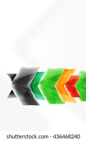 Glossy arrow wallpaper. Color geometric shapes - glass realistic style. Vector web brochure, internet flyer with copyspace