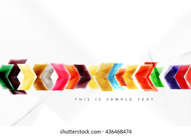 Glossy arrow wallpaper. Color geometric shapes - glass realistic style. Vector web brochure, internet flyer with copyspace