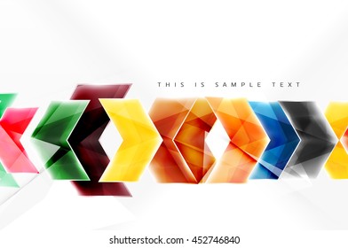 Glossy arrow wallpaper. Color geometric shapes - glass realistic style. Vector web brochure, internet flyer with copyspace