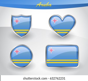 Glossy Aruba flag icon set with shield, heart, circle and rectangle shapes in silver frame. Vector illustration.