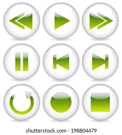 Glossy audio button set. Multimedia, playback interface elements.