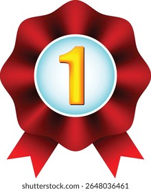 Glossy award badge featuring a golden number 1 in the center of a red ribbon rosette. Perfect for achievements, contest, first-place recognition, and certificate designs.