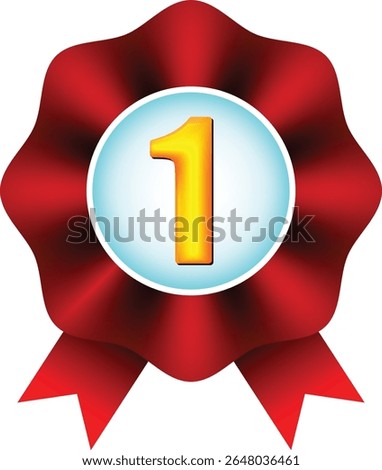 Glossy award badge featuring a golden number 1 in the center of a red ribbon rosette. Perfect for achievements, contest, first-place recognition, and certificate designs.