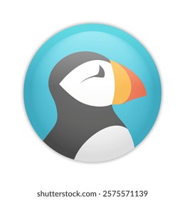 Glossy badge button with Atlantic puffin. Round plastic pin. Vector illustration