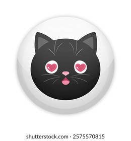 Glossy badge button with cute black cat in love. Round plastic pin. Vector illustration