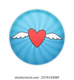 Glossy badge button with flying heart on pop art background. Round plastic pin with heart with wings. Vector illustration