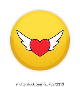 Glossy badge button with flying heart on yellow background. Round plastic pin with heart with wings. Vector illustration