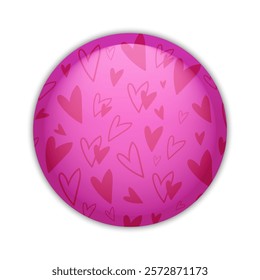 Glossy badge button with hearts pattern isolated on white background. Round plastic pin. Vector illustration