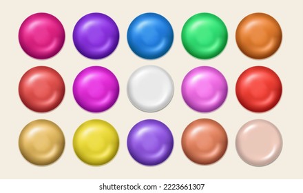 Glossy badge or button isolated on white background. 3d render. Round plastic pin, emblem, tag or round metal button collection.