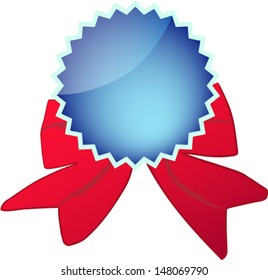 Glossy badge with red ribbon and empty space for your design isolated on white background. Vector illustration.