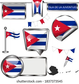 Glossy badges of flag of Isla de la Juventud, Cuba. Vector image