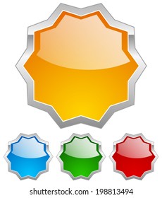 Glossy badges with metallic frames.