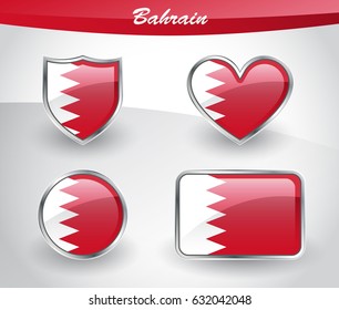Glossy Bahrain flag icon set with shield, heart, circle and rectangle shapes in silver frame. Vector illustration.