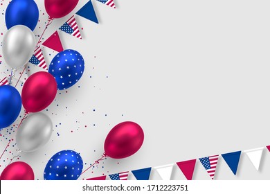 Glossy balloons in colors of American flag with bunting flags and confetti. Background for 4th of July Independence day or national holidays of America. Copy space, vector.