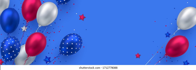 Glossy balloons in colors of American flag with confetti. Background for 4th of July Independence day or national holidays of America. Copy space, vector.