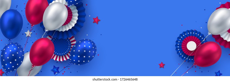 Glossy balloons in colors of American flag with confetti and paper fans. Background for 4th of July Independence day or national holidays of America. Copy space, vector.