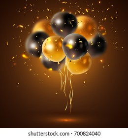 Glossy balloons composition with a bunch of sleek black and yellow balloons with golden sparkles vector illustration