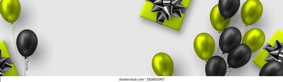 Glossy balloons in green and black colors with gift box. Vector balloons background for holidays or birthday party. Copy space, white background.