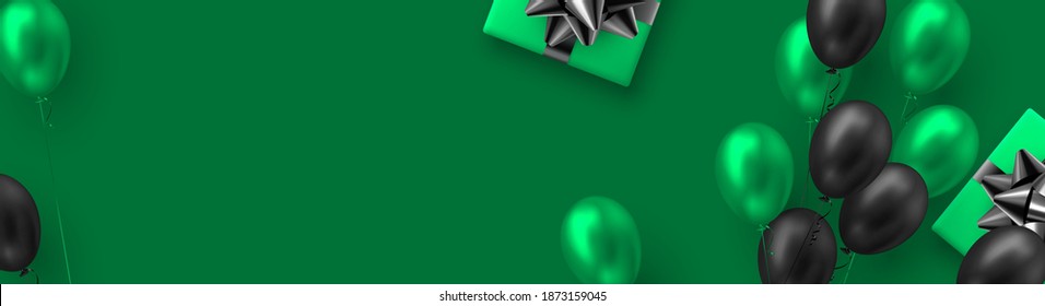 Glossy balloons in green and black colors with gift box. Vector balloons background for holidays or birthday party. Copy space, green background.