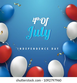 Glossy balloons on blue background, concept for 4th of July, American Independence Day celebration.