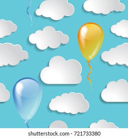 glossy balloons  with paper clouds on a blue air seamless  background