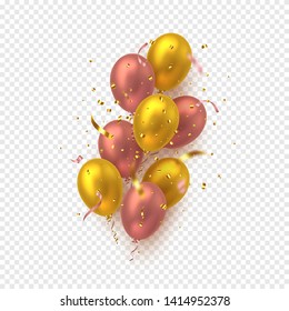 Glossy balloons in pink and golden colors with confetti. Vector decorative elements for holiday backgrounds or birthday party. Isolated on transparent background.