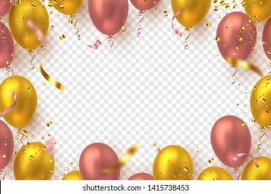 Glossy balloons in pink and golden colors with confetti. Vector balloons frame for holiday backgrounds or birthday party. Isolated on transparent background.